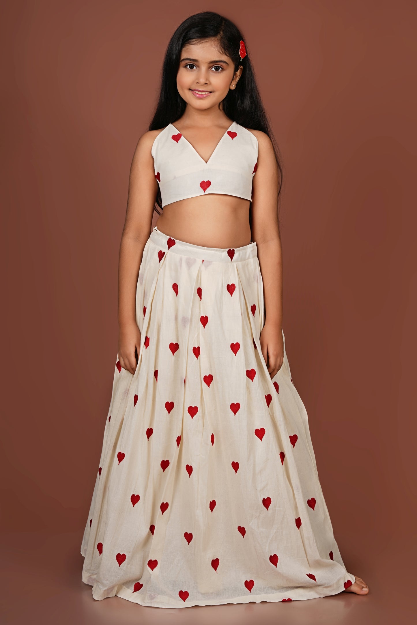 Adorable Embroidered red heart off-white Top and Lehenga Set