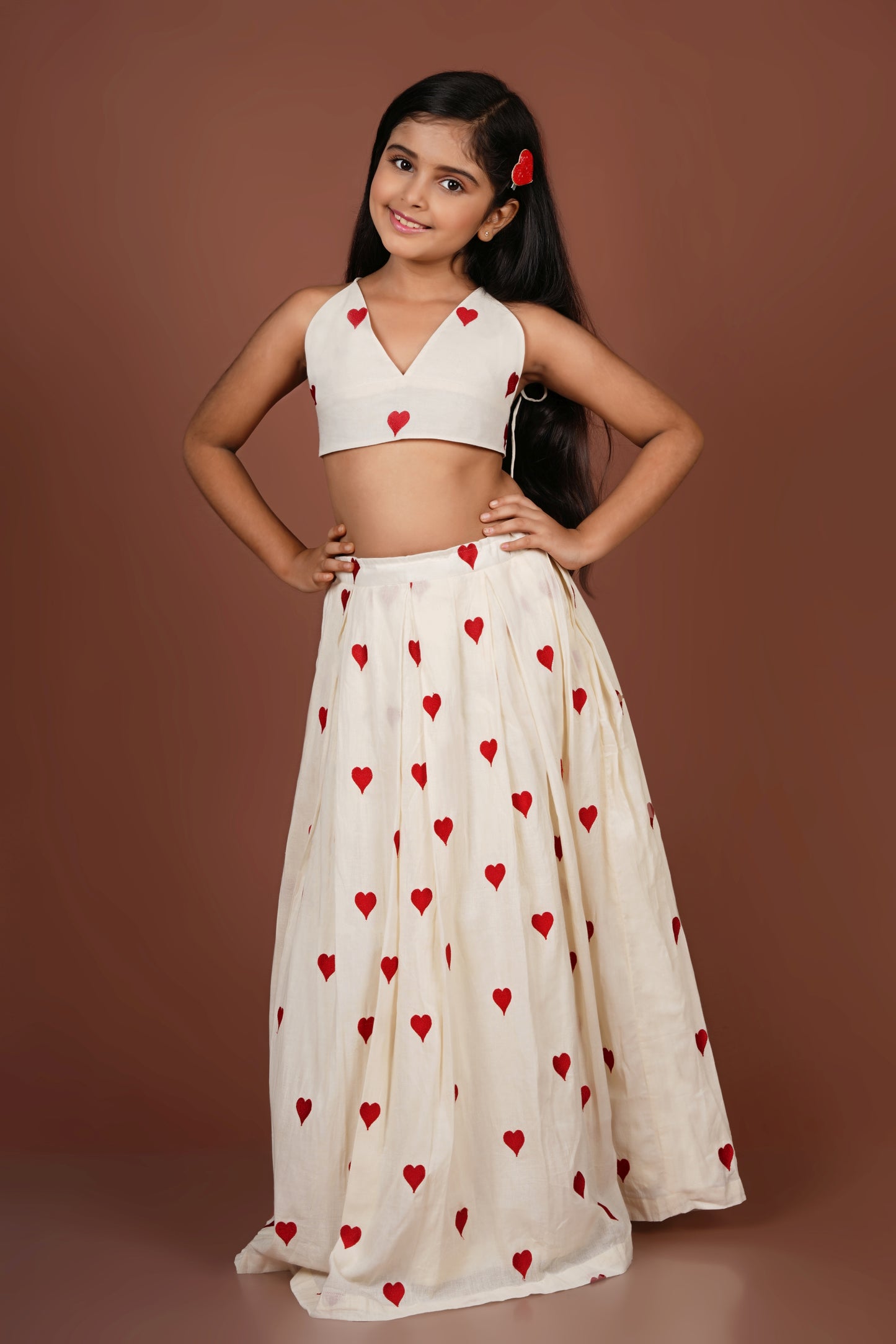 Adorable Embroidered red heart off-white Top and Lehenga Set