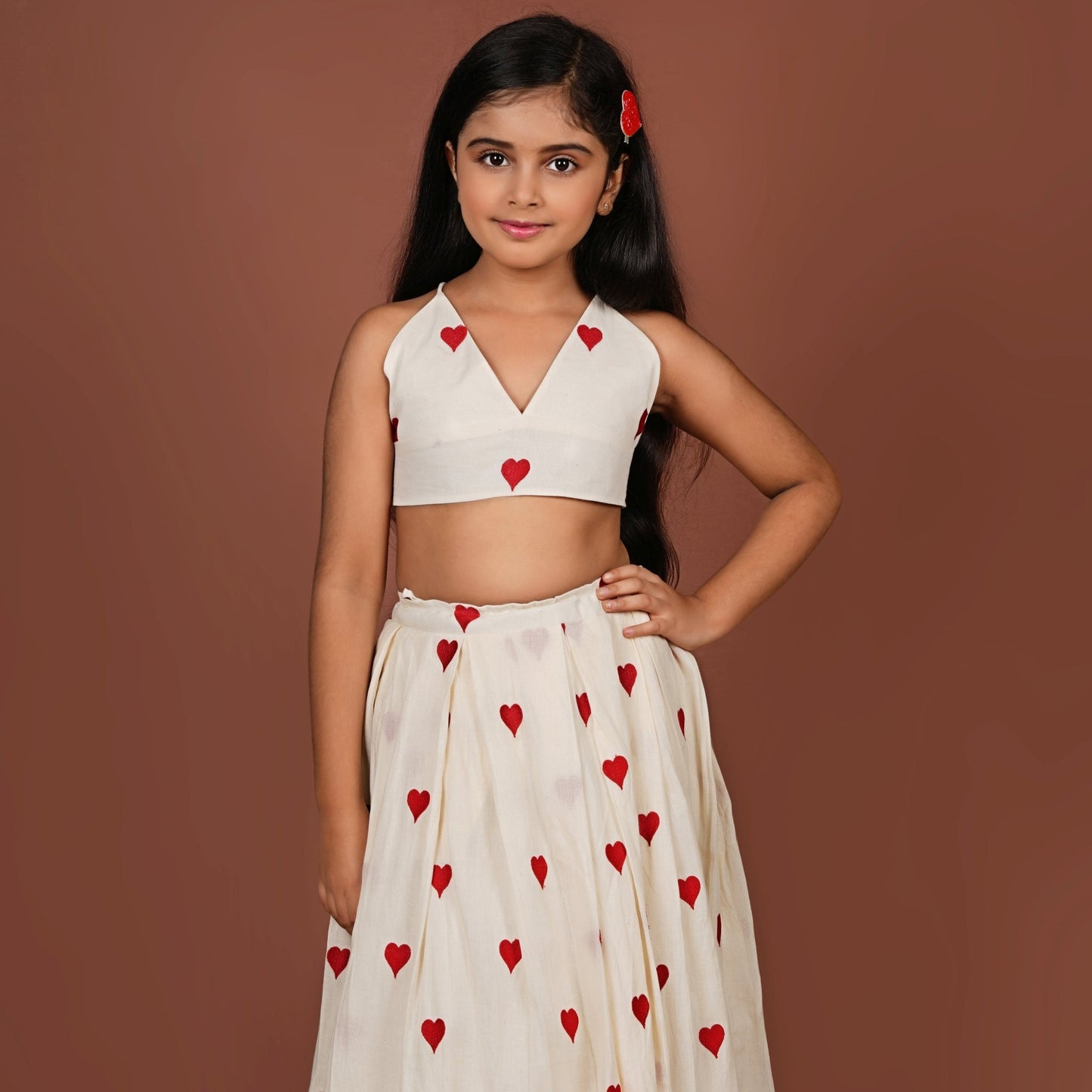 Adorable Embroidered red heart off-white Top and Lehenga Set