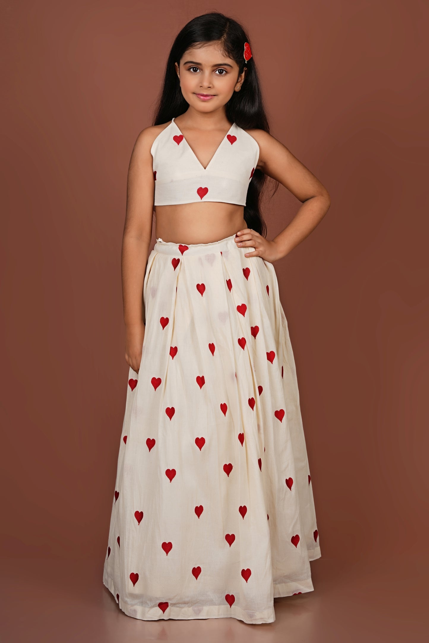 Adorable Embroidered red heart off-white Jacket with Top and Lehenga Set