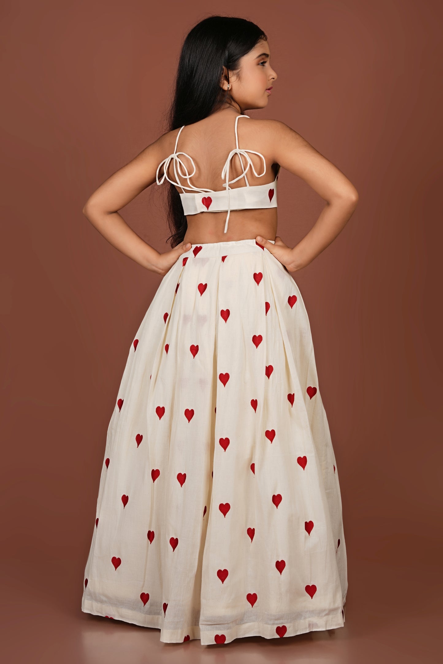 Adorable Embroidered red heart off-white Top and Lehenga Set