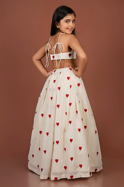 Adorable Embroidered red heart off-white Top and Lehenga Set