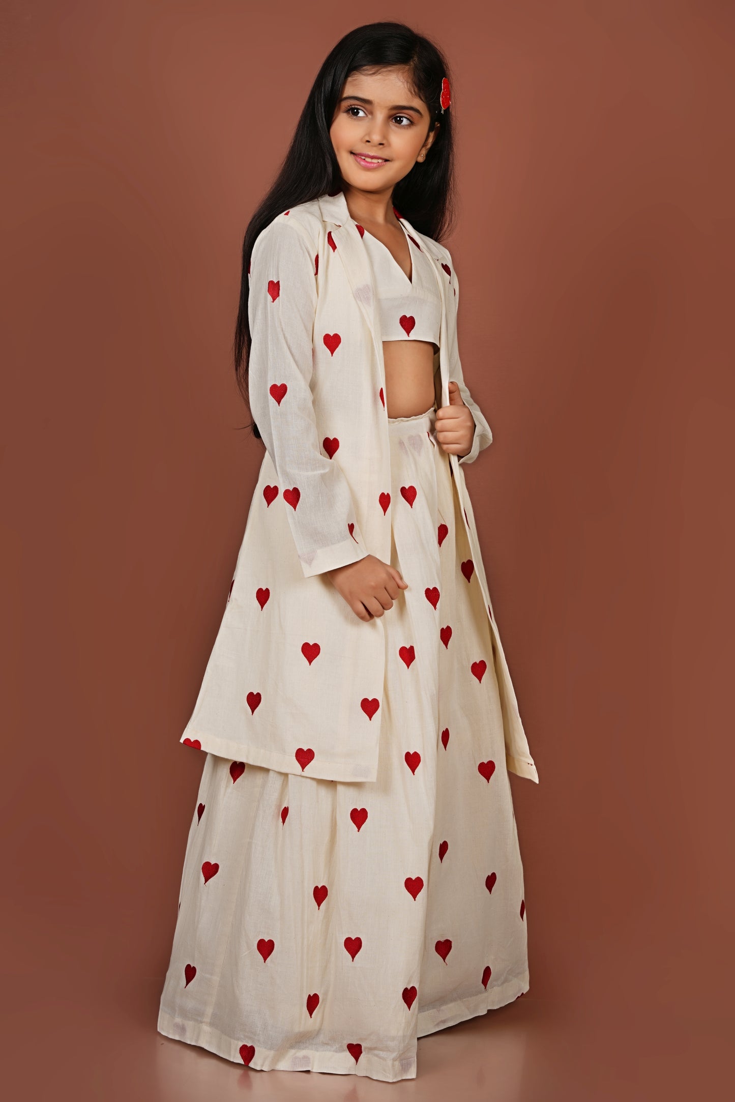 Adorable Embroidered red heart off-white Jacket with Top and Lehenga Set