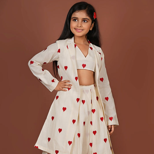 Adorable Embroidered red heart off-white Jacket with Top and Lehenga Set