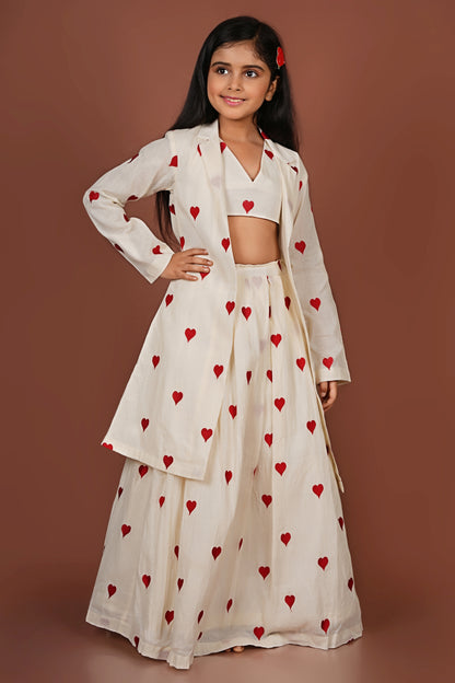 Adorable Embroidered red heart off-white Jacket with Top and Lehenga Set