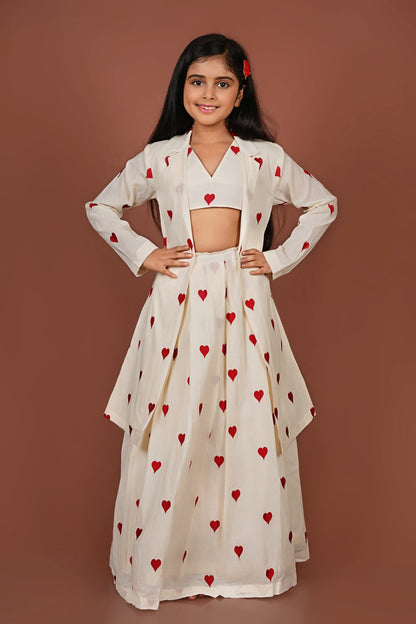 Adorable Embroidered red heart off-white Jacket with Top and Lehenga Set