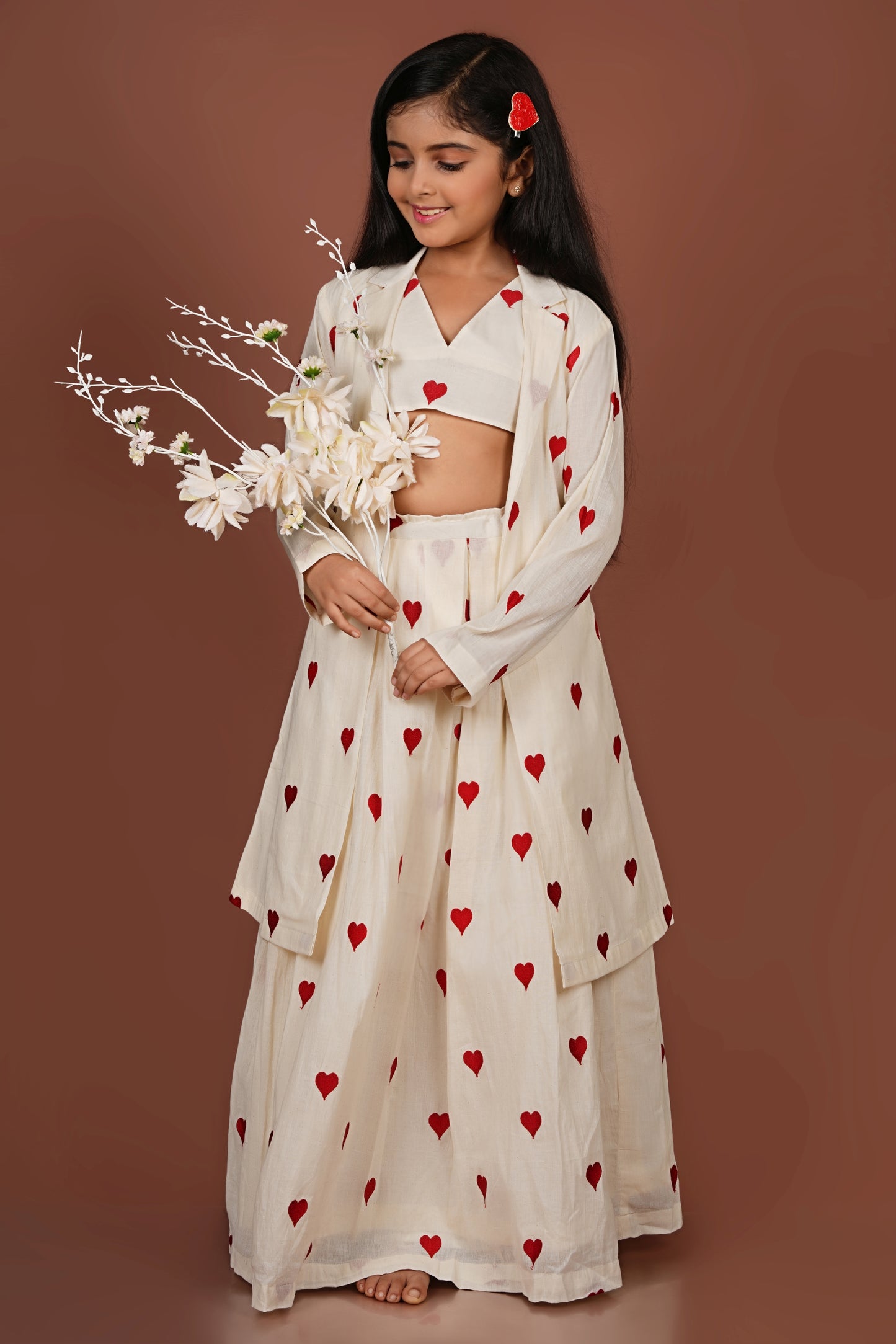 Adorable Embroidered red heart off-white Jacket with Top and Lehenga Set