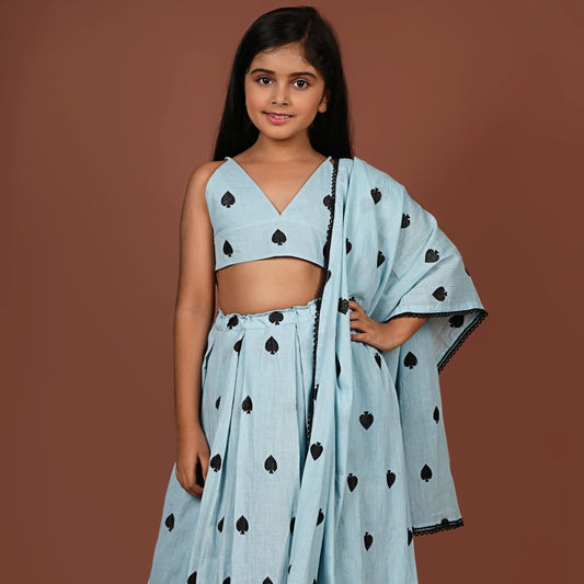 Adorable Greyish Blue Spade Embroidered Lehenga Dupatta Set