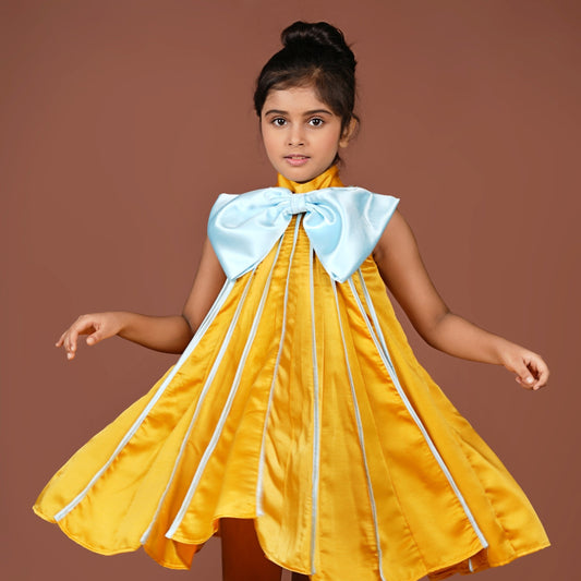 Bold Vibrant Mustard Meets Ice Blue in This Chic Pleated Dress